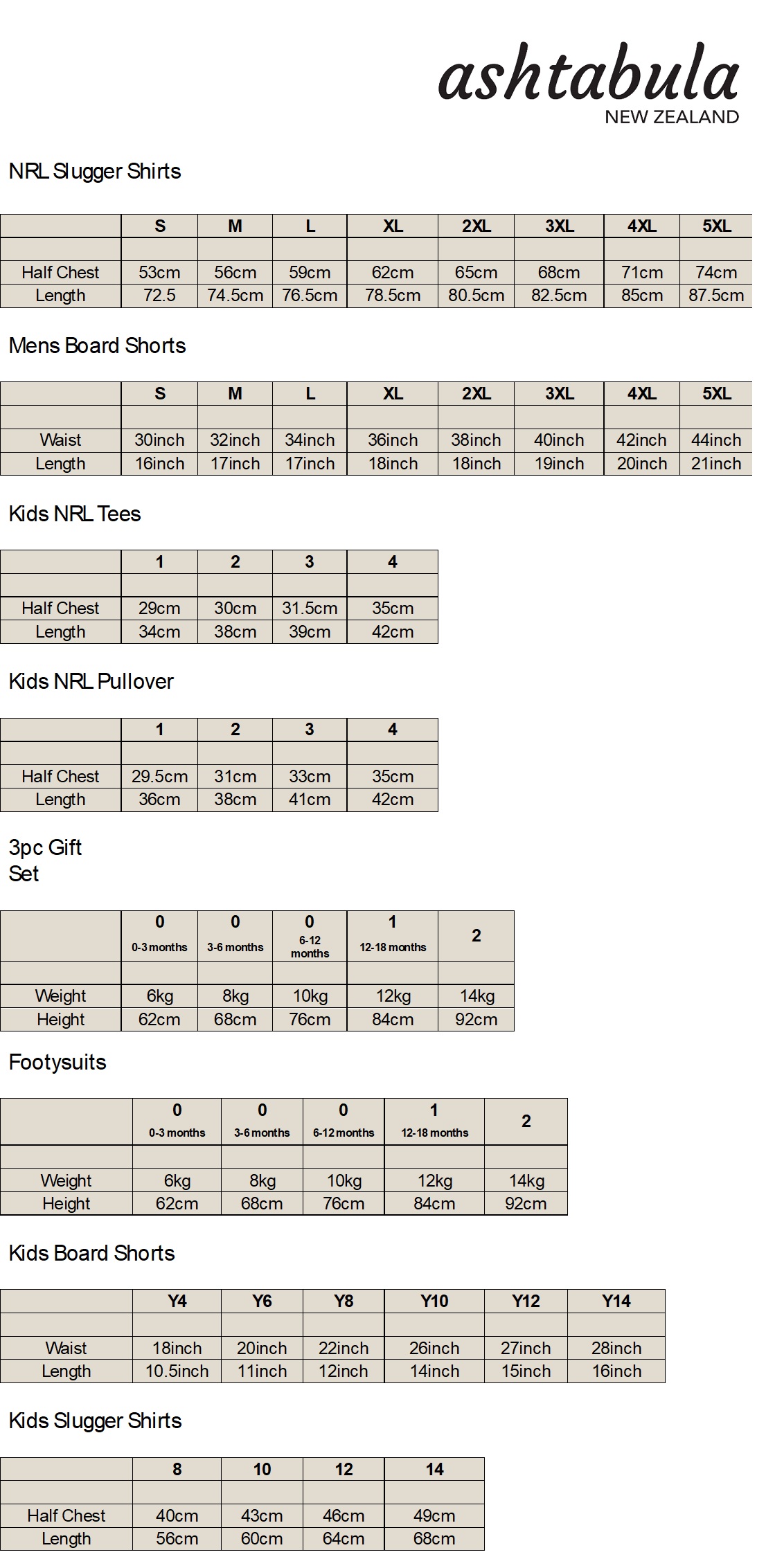 Ashtabula Size Chart